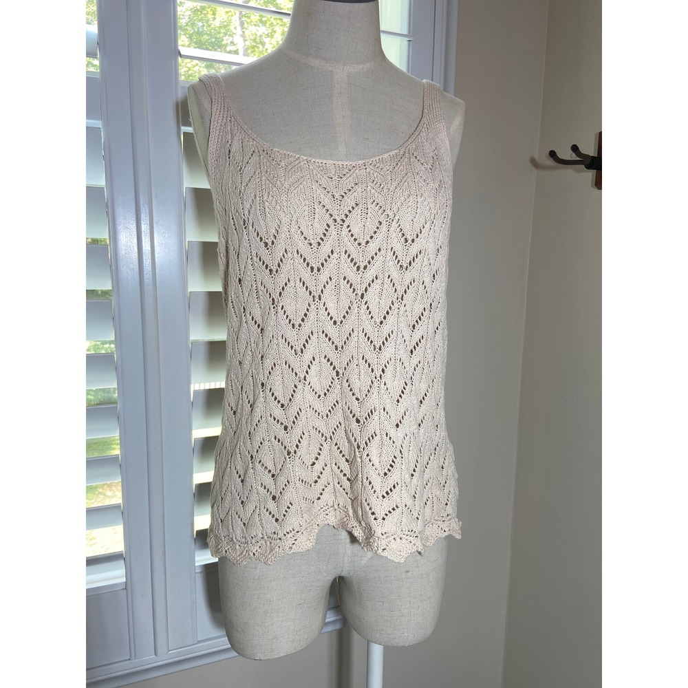 Boho Cream Knit Sleeveless Tank Top XL Crochet Scallop Trim Coastal Festival